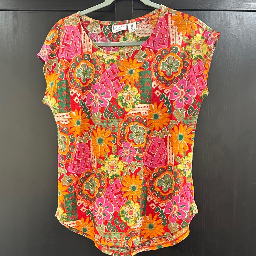 Nicole Miller Linen Multicolor Floral Short Sleeve Tee